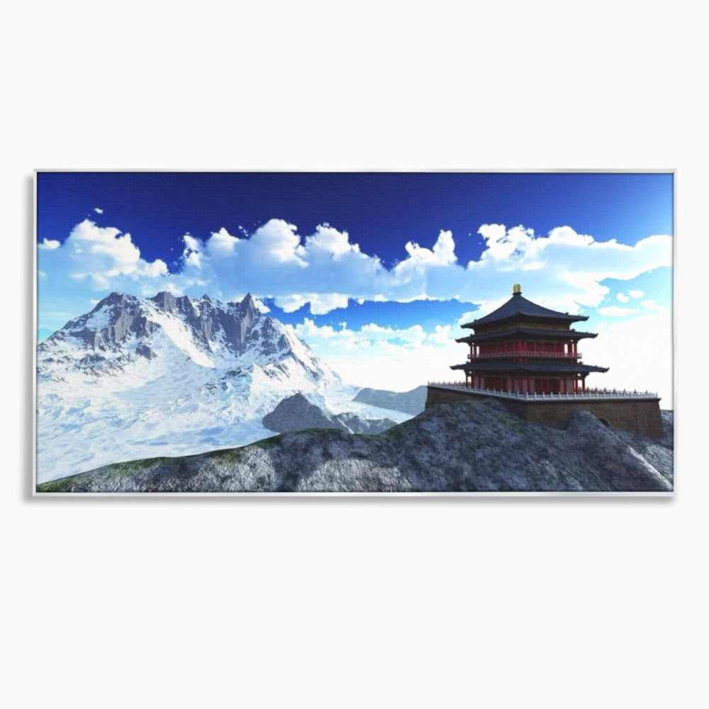 Tablou canvas cu tablou canvas cu templu si munti, in rama de aluminiu argintiu